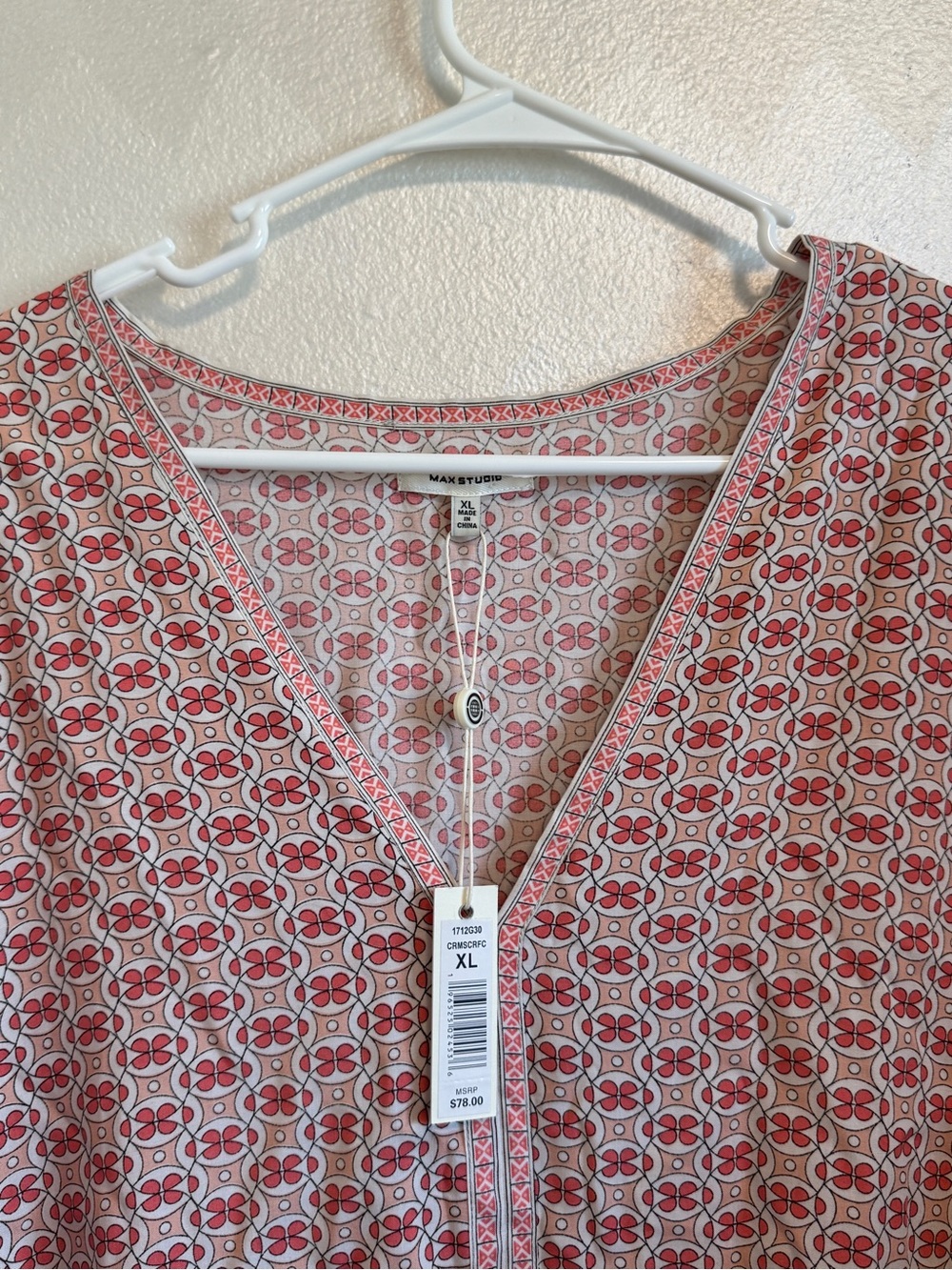 Max Studio Pink and White Printed Tie-Front V-Neck Blouse - Picture 3 of 4